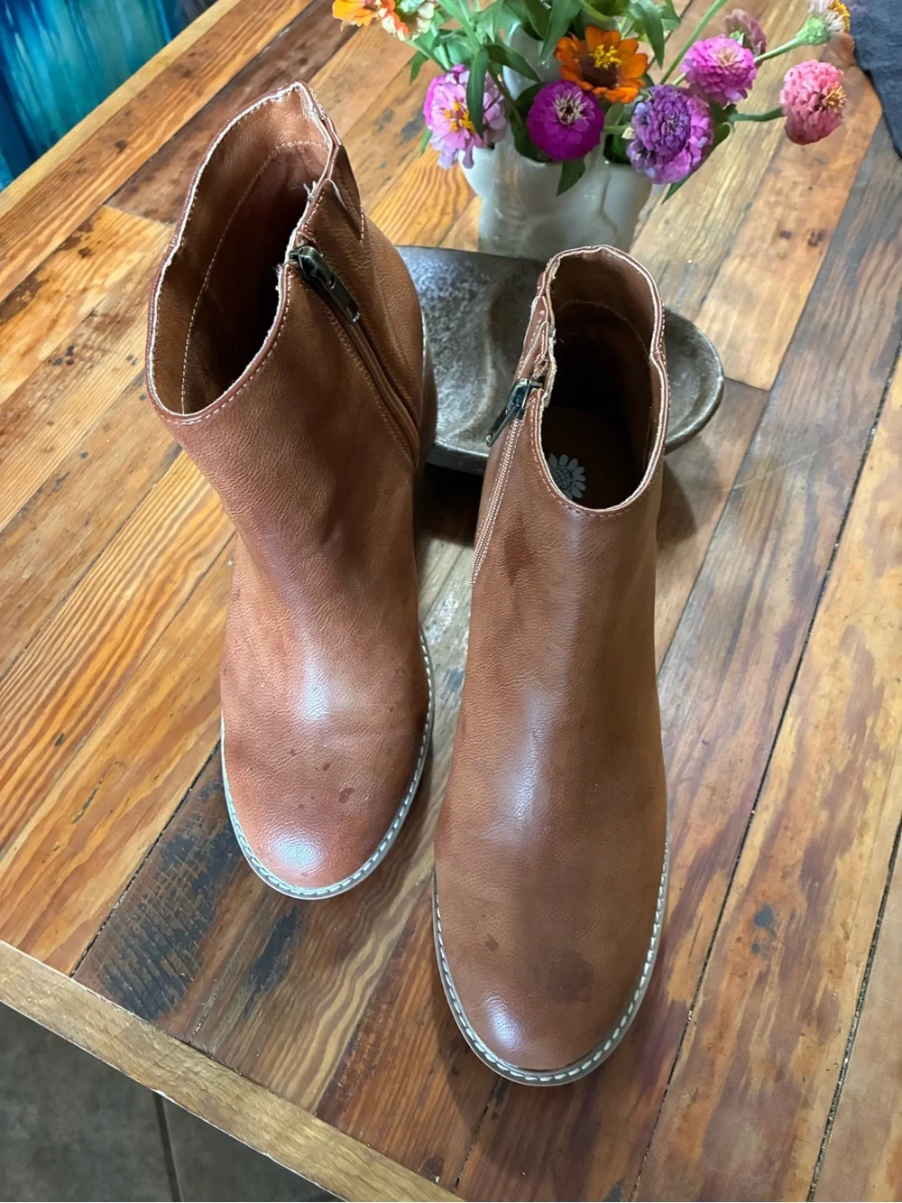 Yellow Box Cognac Wedge Ankle Boots with Side Zip size 9.5